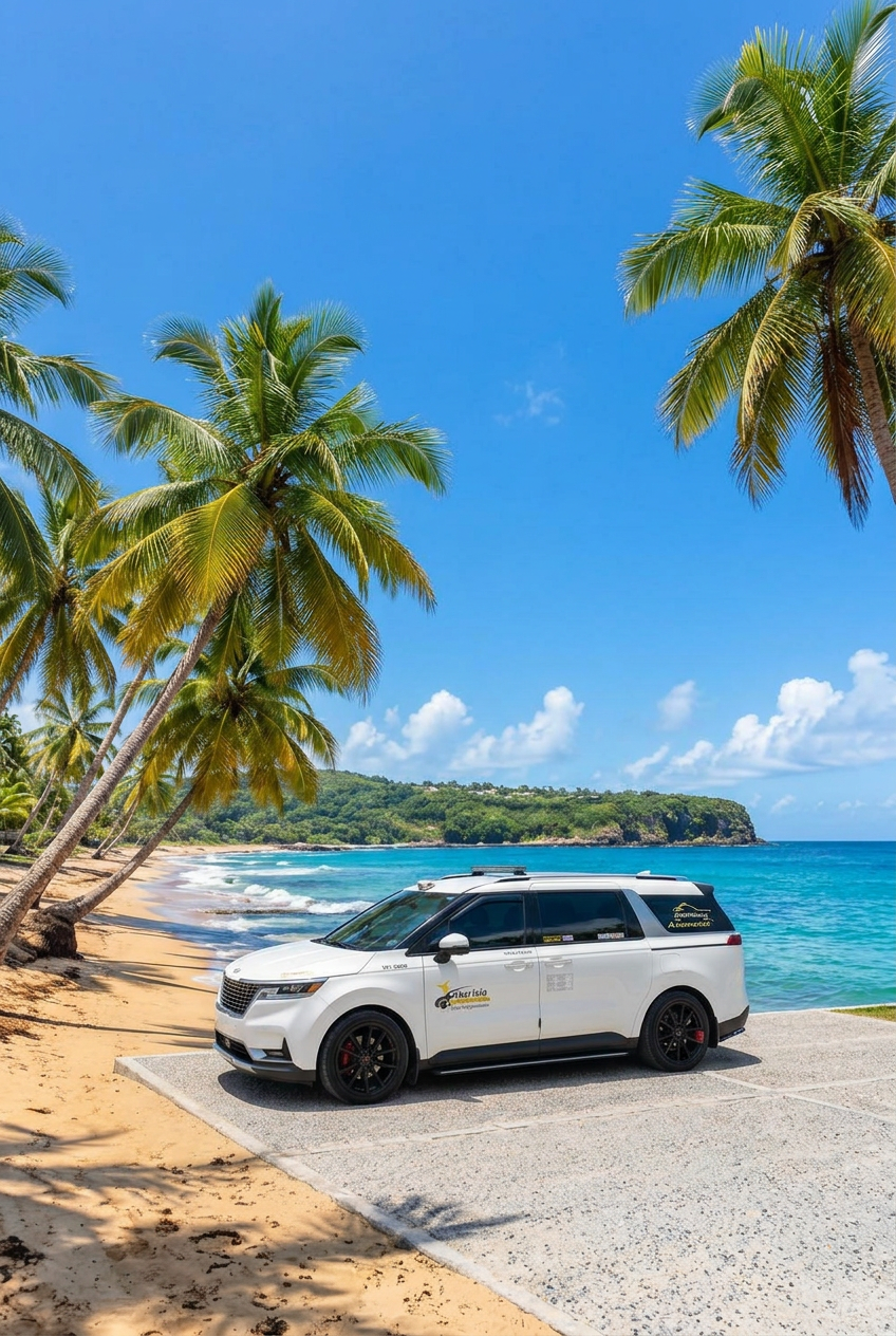 Taxi-isla minivan in an AI-created Puerto Rico coastal scene