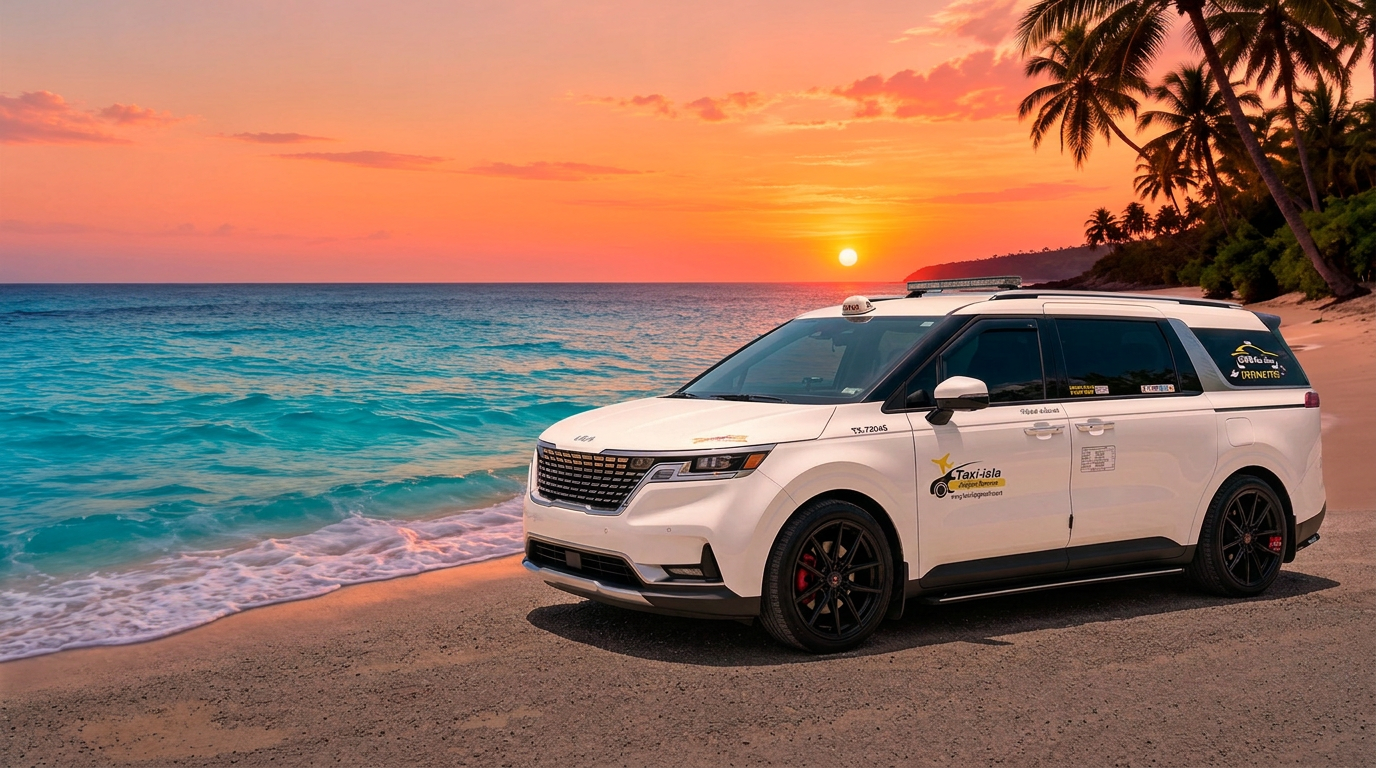 Taxi-isla minivan in an AI-created Puerto Rico sunset scene